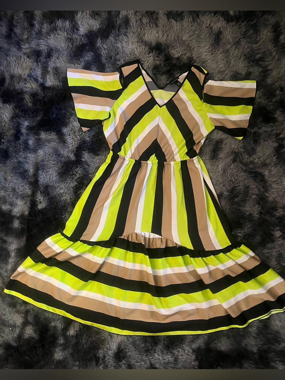 Ashley Stewart Lime, Black & Tan Striped Cold-Shoulder Dress